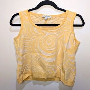 St John Sport Vintage Cropped Sweater Vest Wool Yellow Swirl Pattern Small